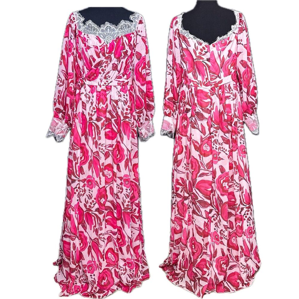 Faeriesty Womens Dress XL Maxi Pink Floral Lace-Trim Long Sleeve Feminine